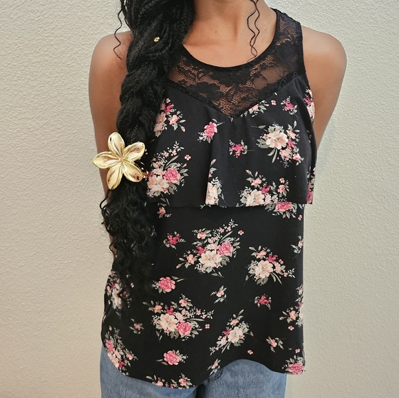 No comment pretty black stretchy Floral Blouse - Picture 2 of 7